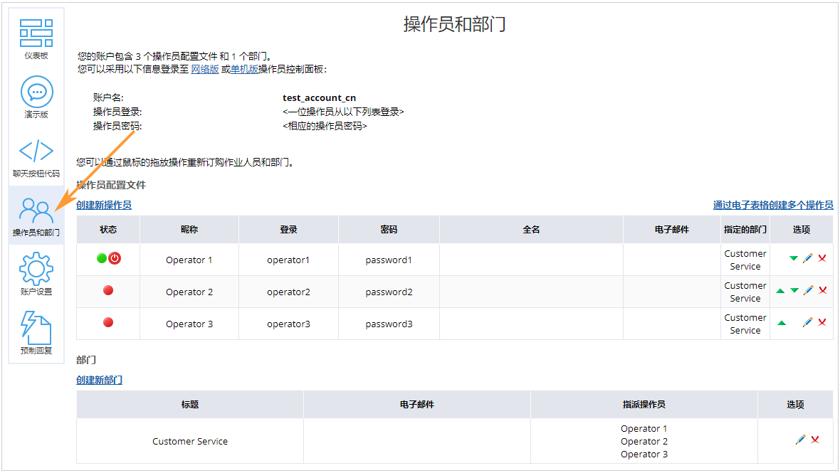 操作员和部门页面