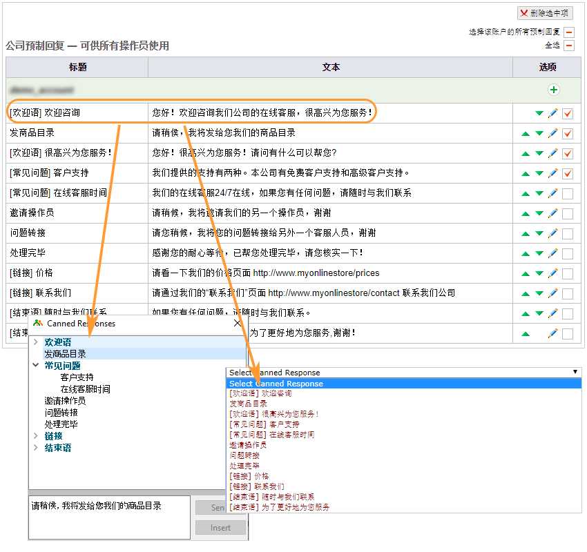 操作员控制台上的预制回复分样子（左边是独立的控制台，右边是网页版的控制台）