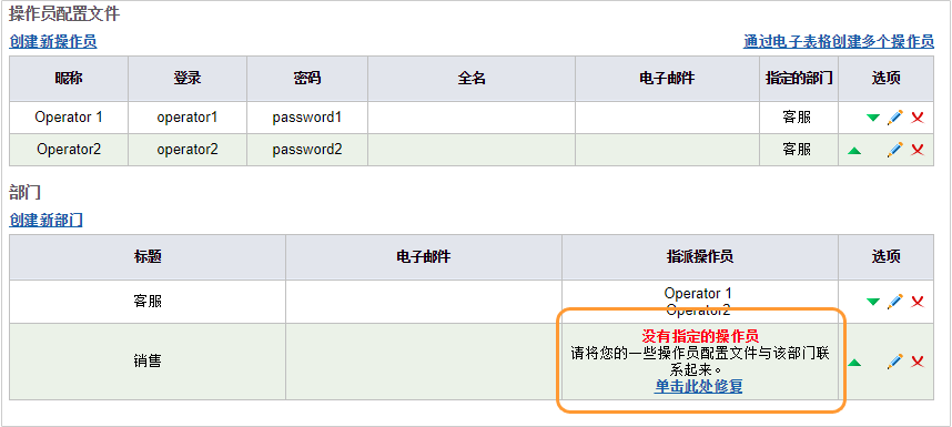 部门没有分配的操作员