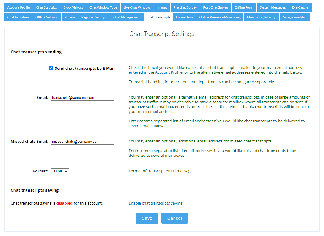 Chat transcripts settings